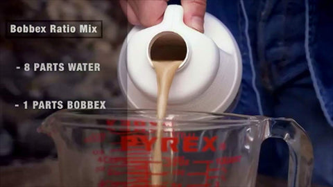 Bobbex deer repellent mixing directions image illustrating water dilution before application.