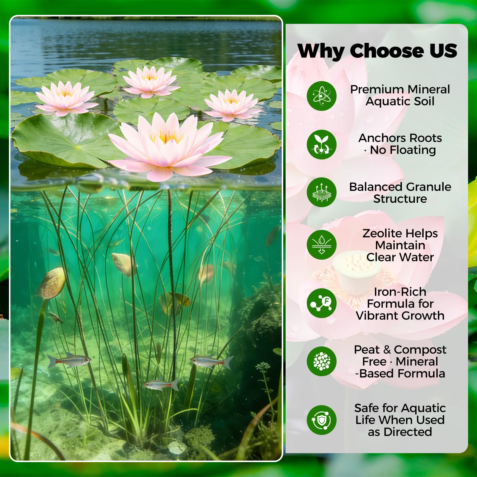 BobbleT clay-based pond soil with minerals supports plant stability.