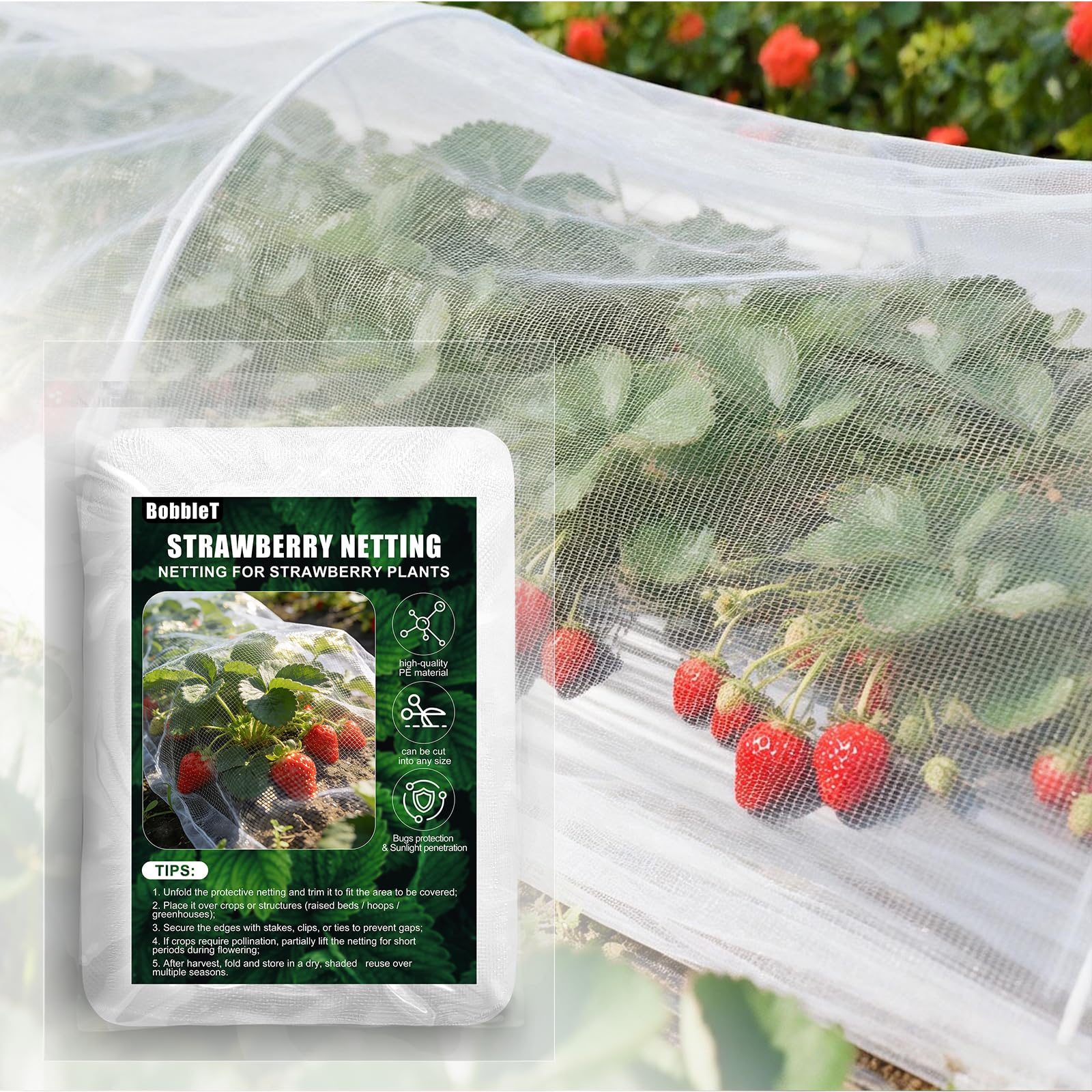 BobbleT garden netting 65x10 over strawberry plants protects fruit from birds.