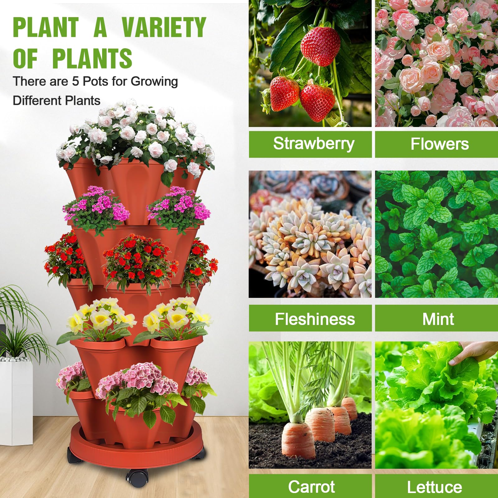 Bociks 5-tier stackable garden tower with wheels enables easy relocation.