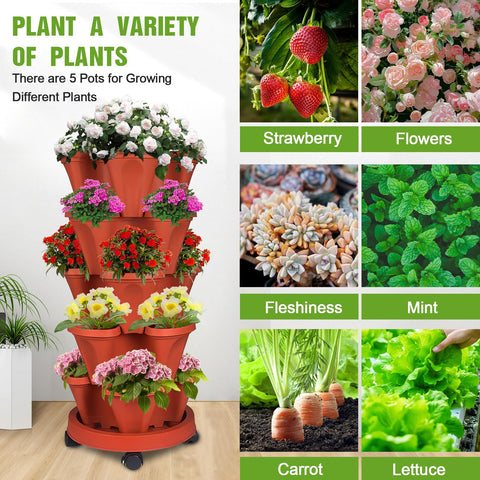 Bociks 5-tier stackable garden tower with wheels enables easy relocation.