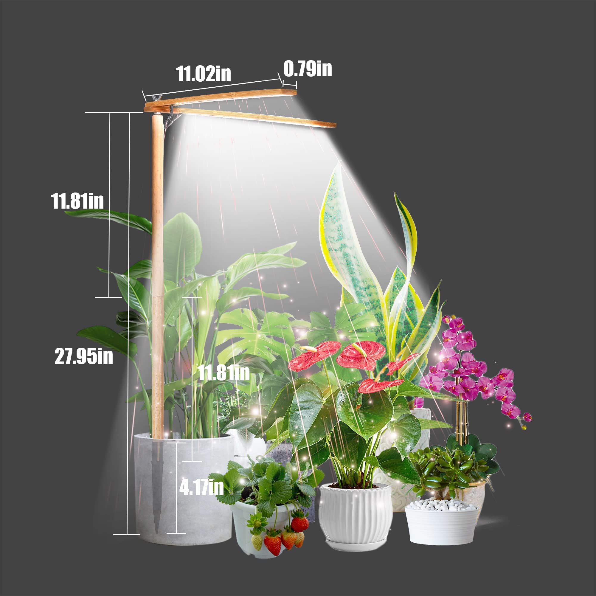 bodkar wooden grow light illuminating indoor greenery on living room shelf.