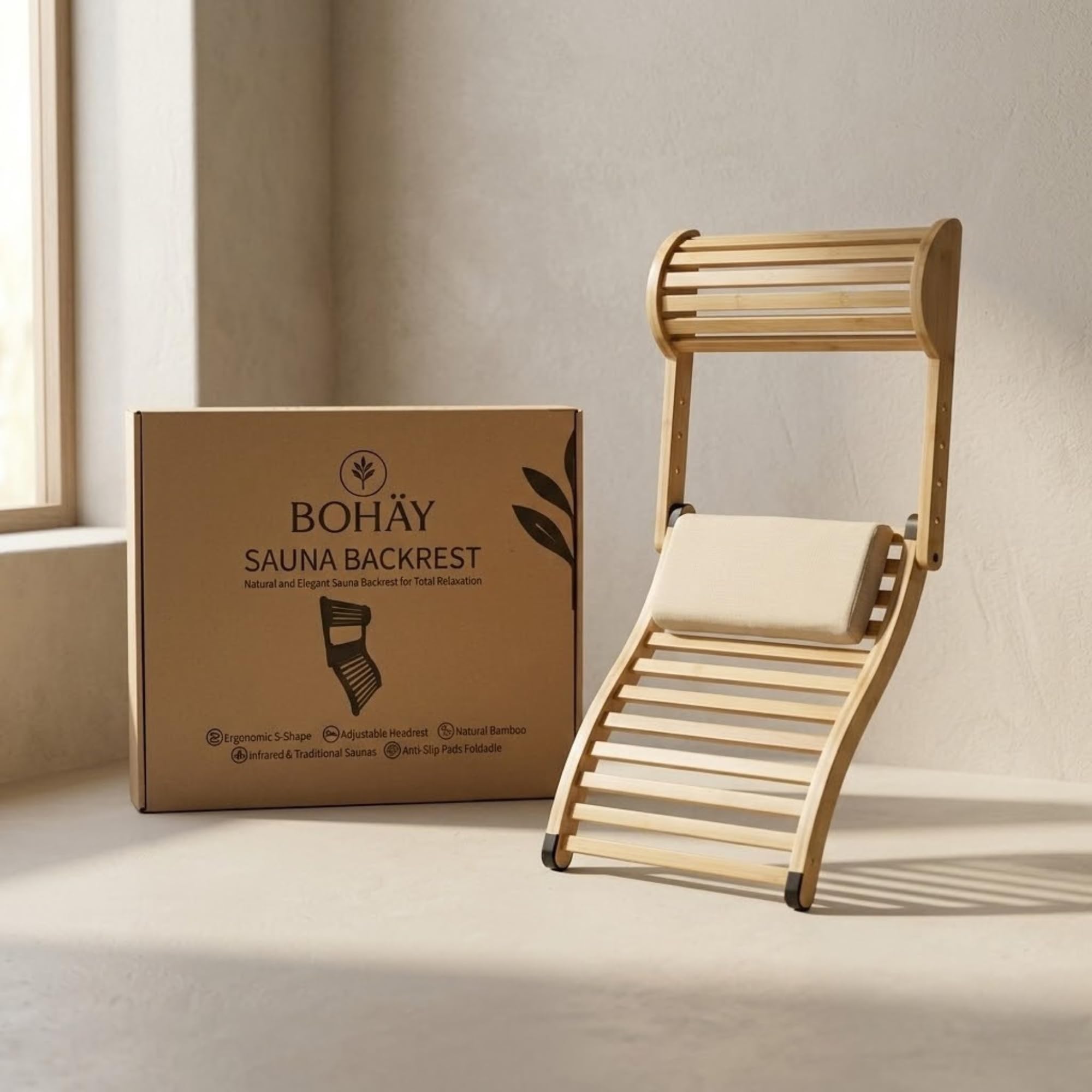 BOHÄY backrest compatible with infrared and barrel saunas for flexibility