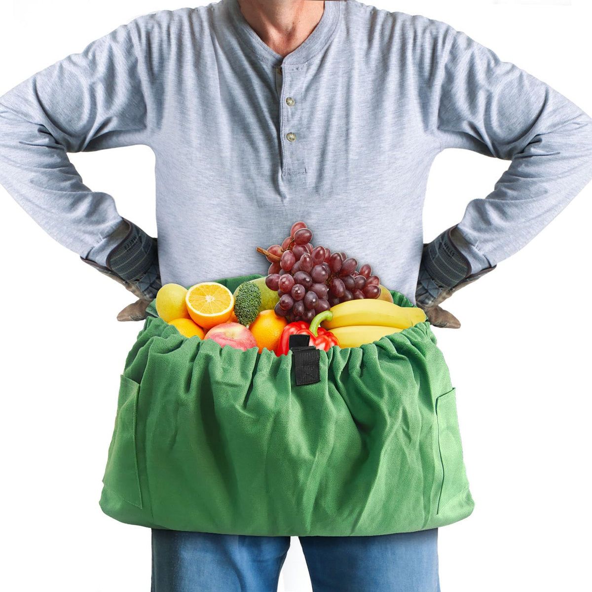 BOHEMIABY gardening apron with harvest pockets in green for hands-free gathering.