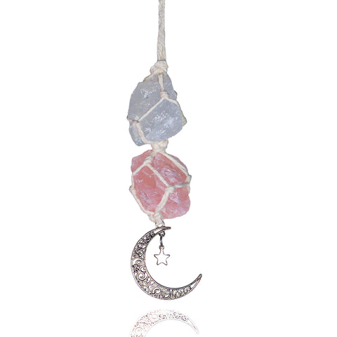 BOHO GARDEN hanging car charm with clear and rose quartz for balanced energy on the road.