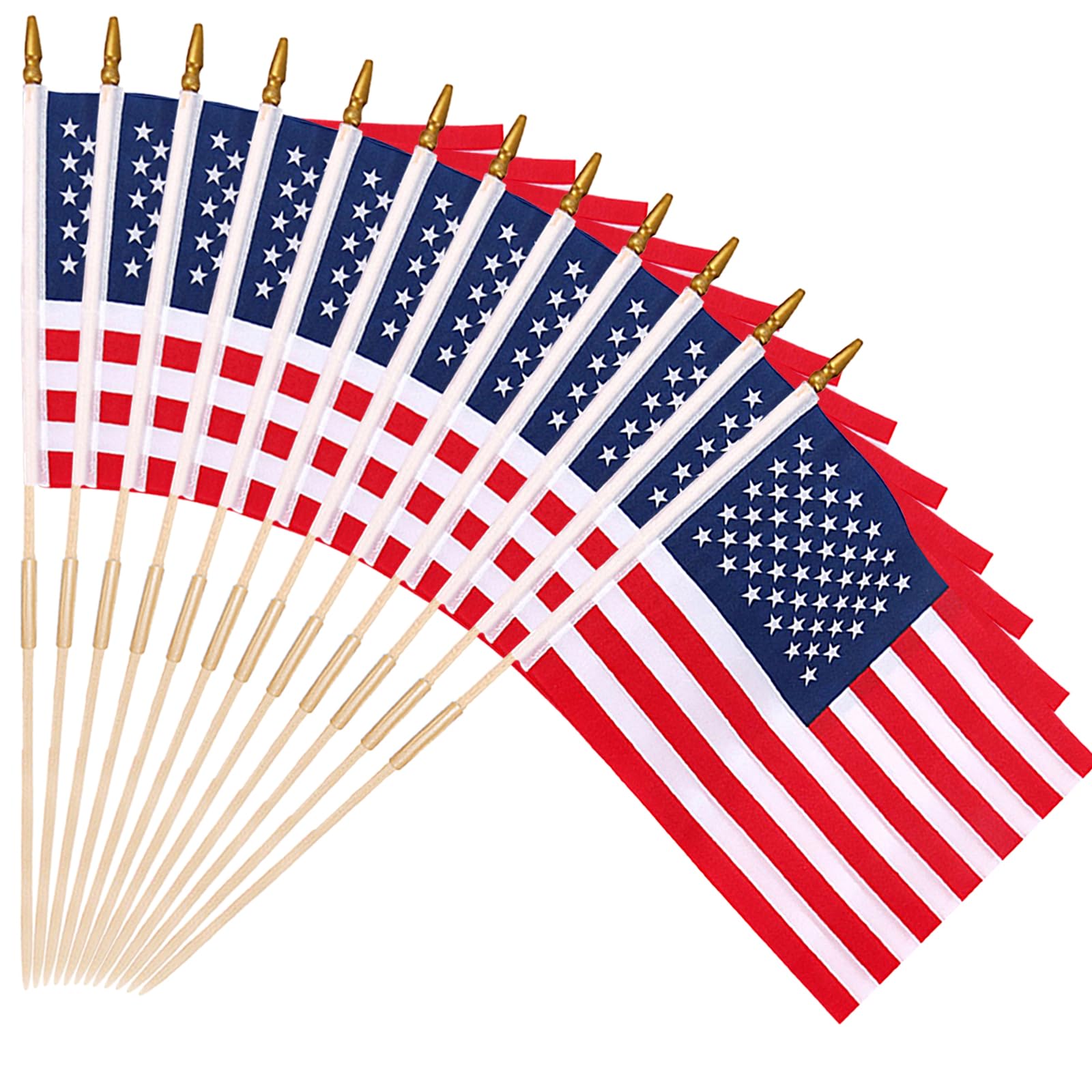 Bolali 12x18 American flag with spear top on a wooden stick for easy parade display.