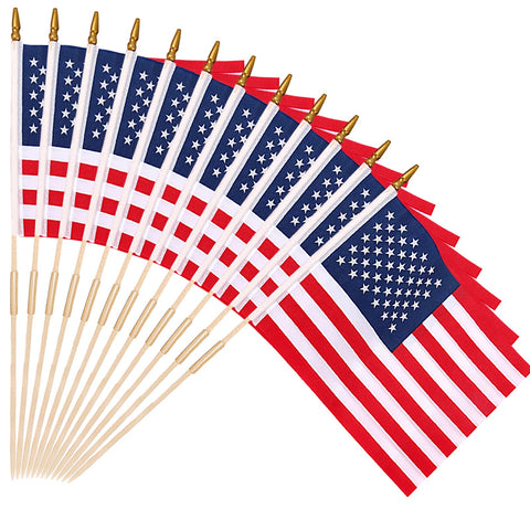 Bolali 12x18 American flag with spear top on a wooden stick for easy parade display.