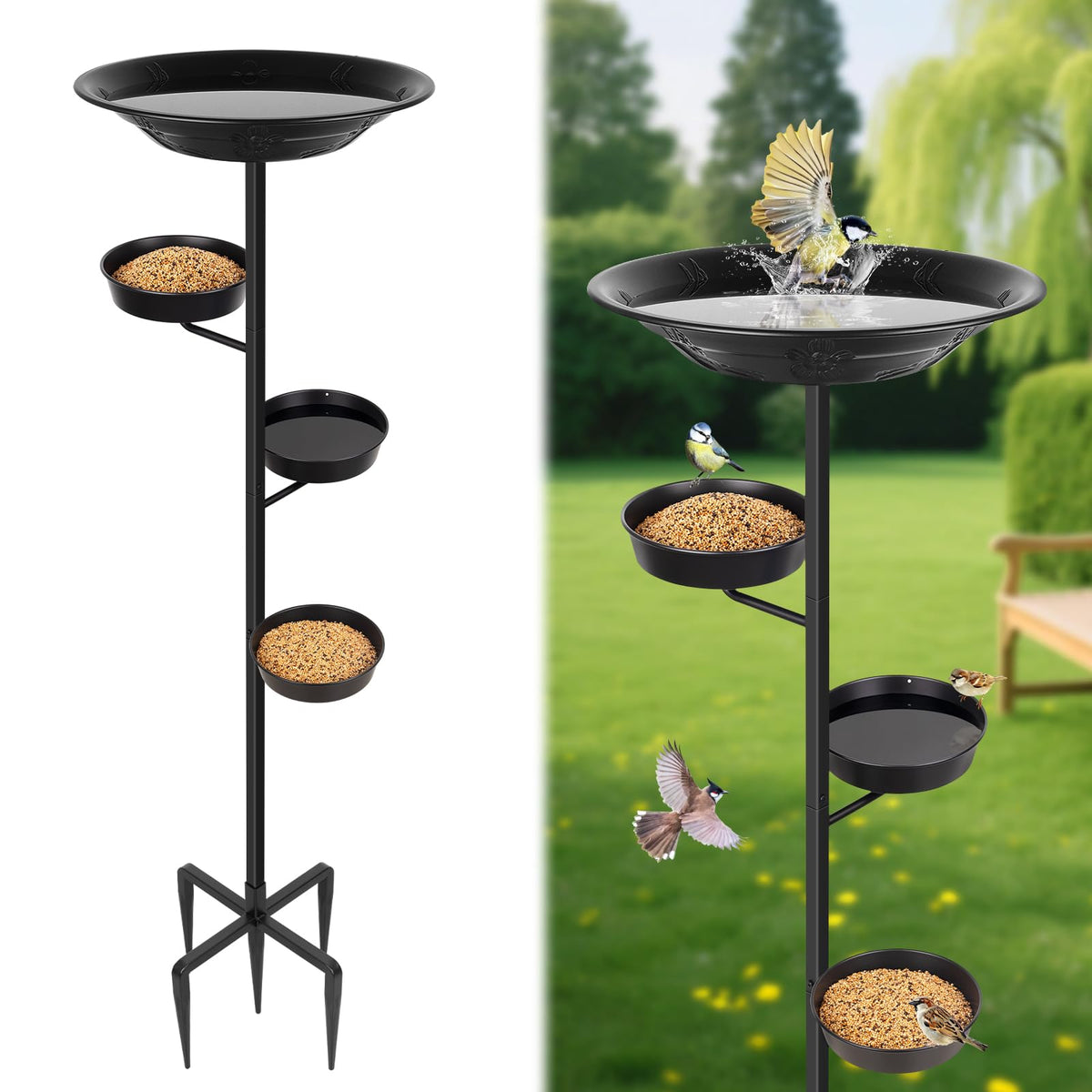 BOLITE bird bath on outdoor metal stand enhances backyard birdwatching.