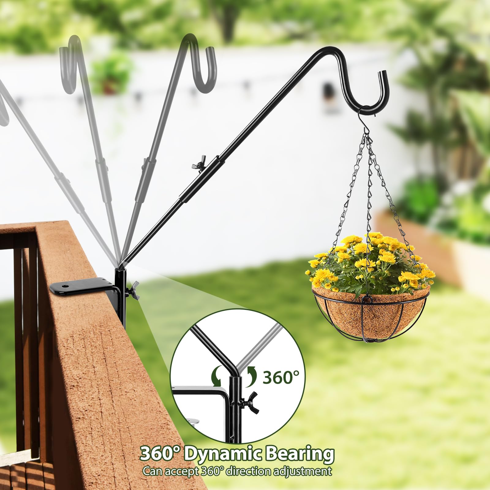 BOLITE deck hook supports bird feeders on porch rails.
