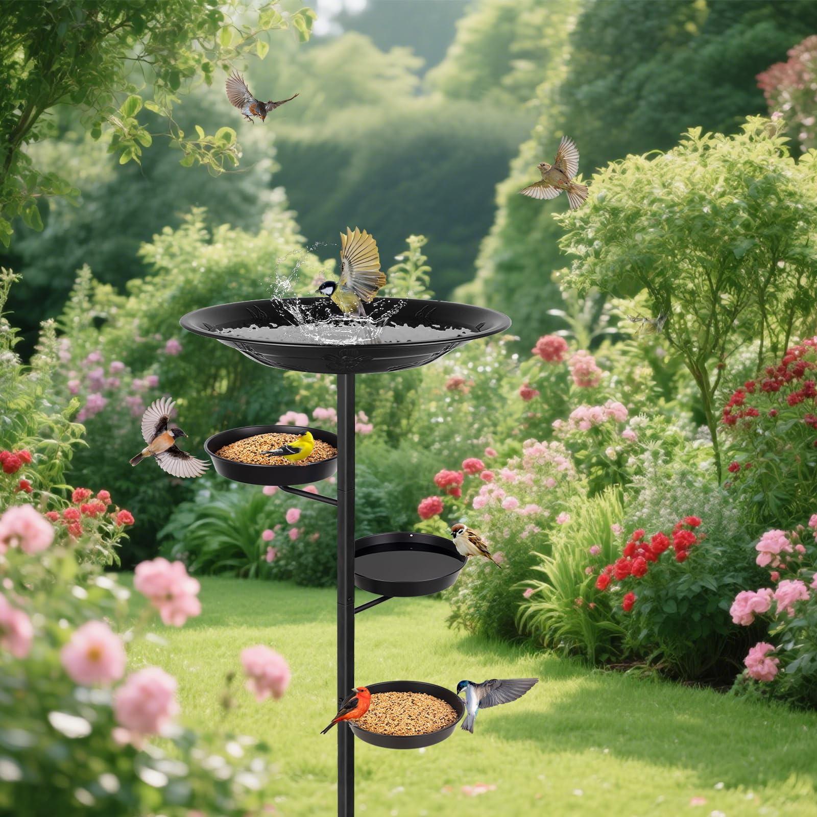 BOLITE bird bath with seed bowls attracts more bird species.