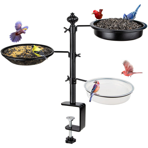 BOLITE deck bird feeder mounted on a railing with two seed trays attracts garden birds.