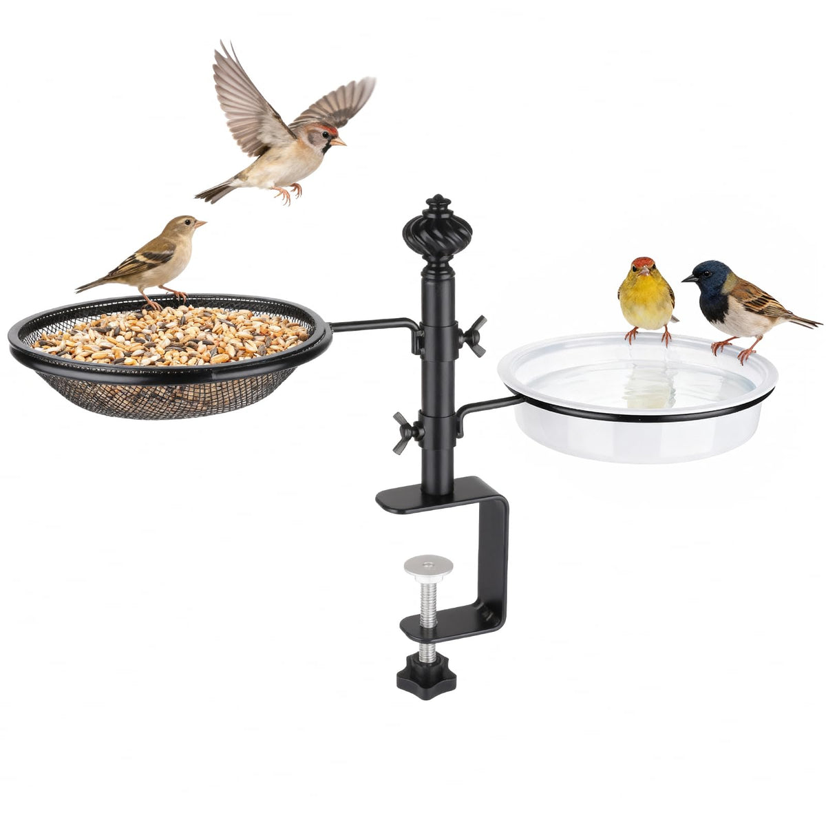 BOLITE deck bird feeder with metal tray and water bowl for easy feeding.
