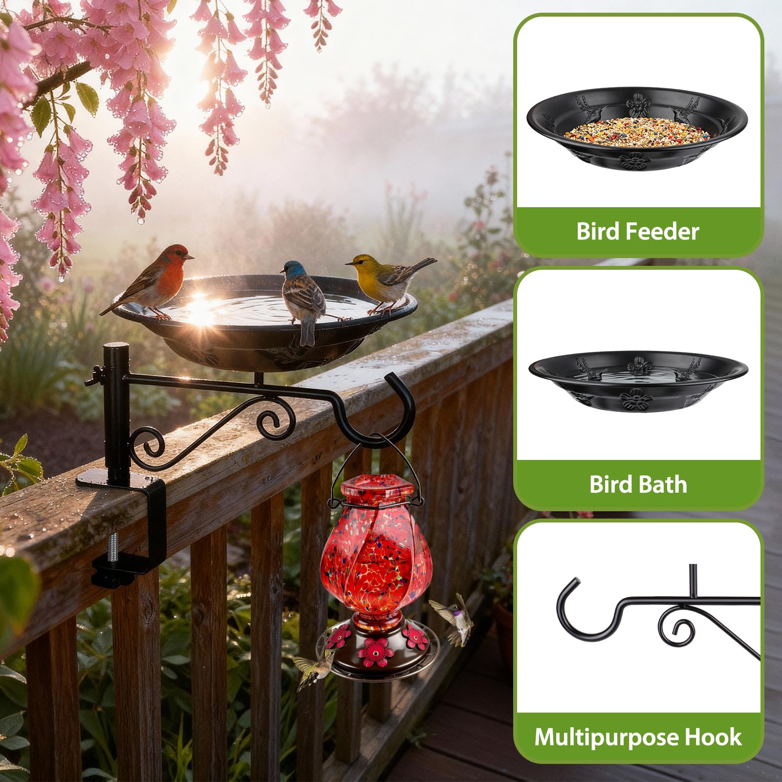 BOLITE deck-mounted hook enables versatile hanging of feeders and decor.