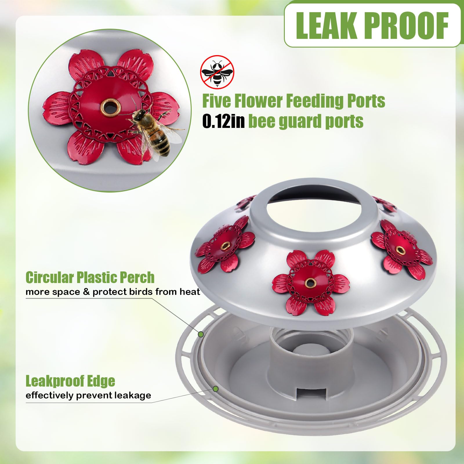 BOLITE feeder with five circular ports supports multiple hummingbirds at once.
