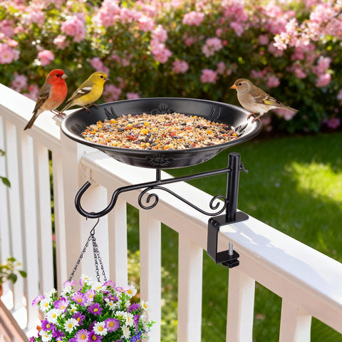 BOLITE hanging bird bath with sturdy cast iron for outdoor durability.