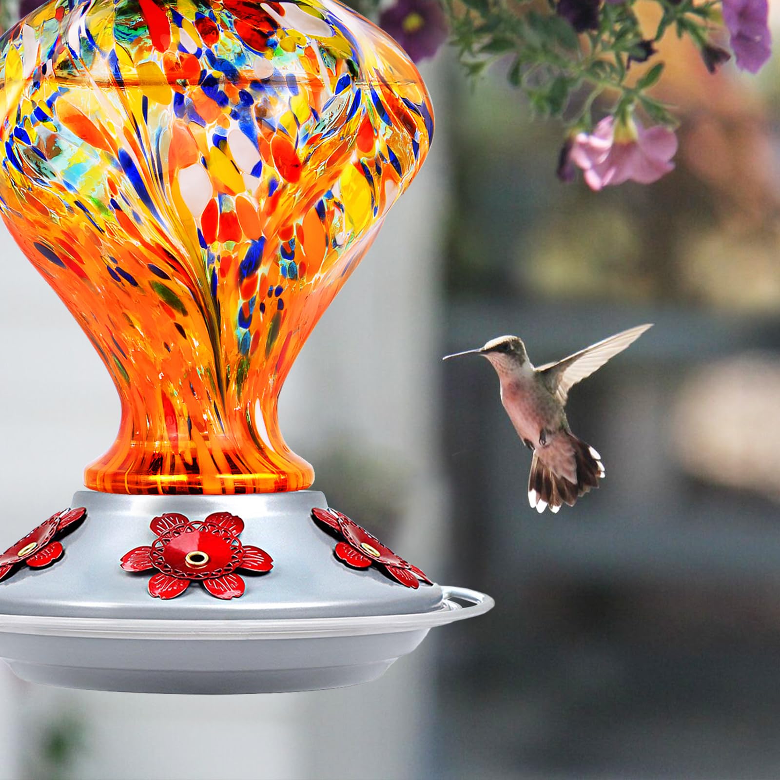 Outdoor hanging hummingbird feeder from BOLITE enhances garden color and bird activity