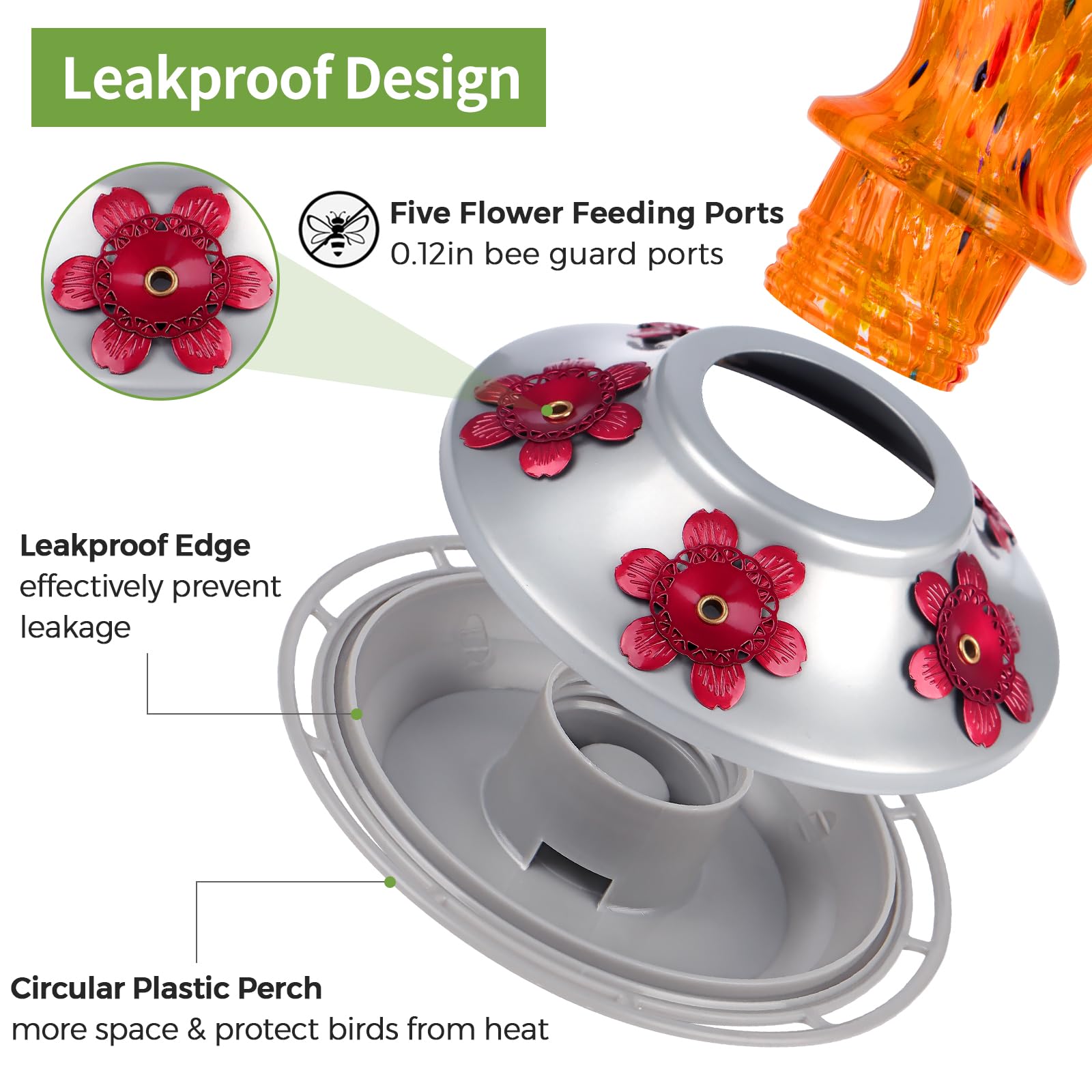 Large 24 oz nectar capacity reduces refills during peak bird season