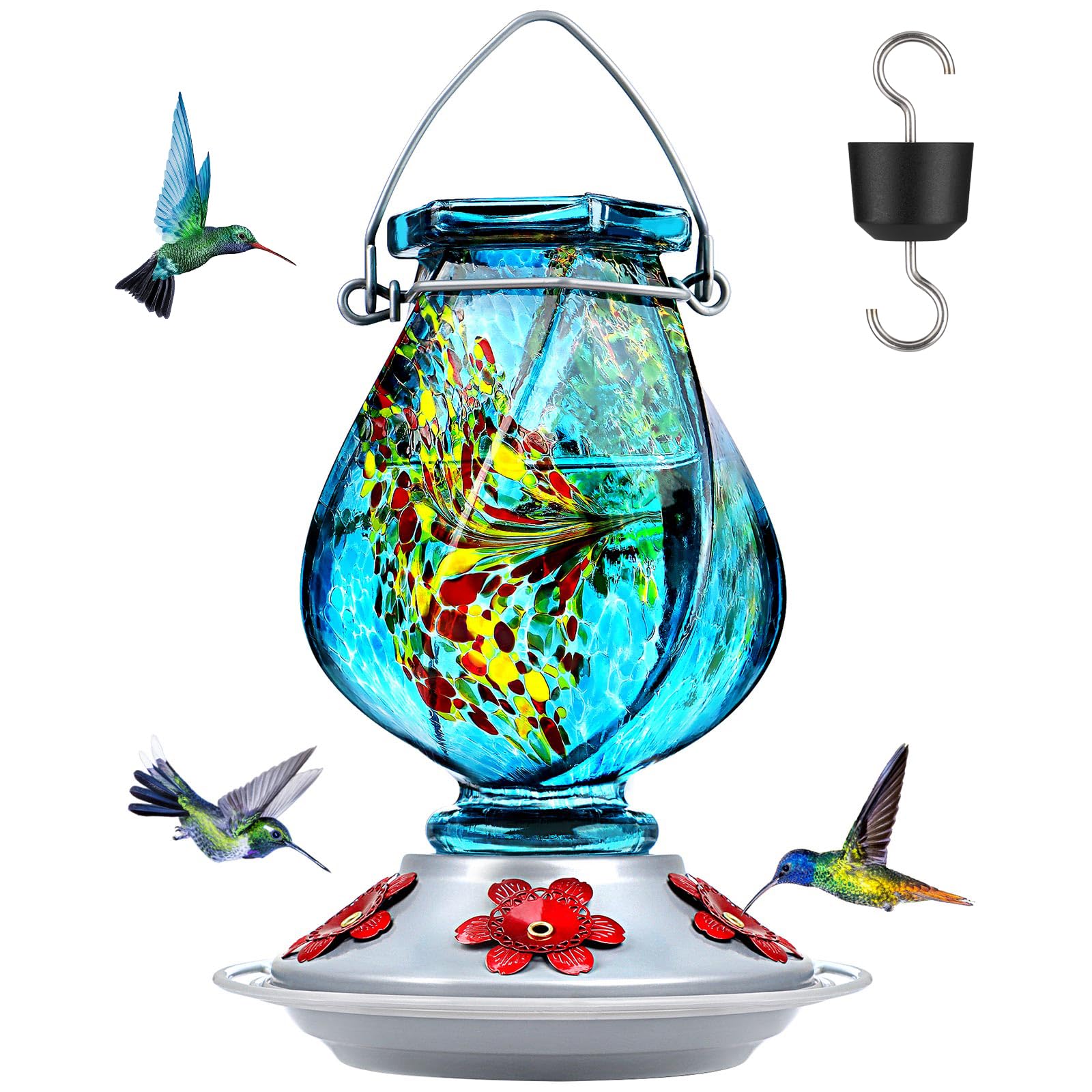 BOLITE hummingbird feeder in blue glass outdoors attracts hummingbirds with a jewel like glow