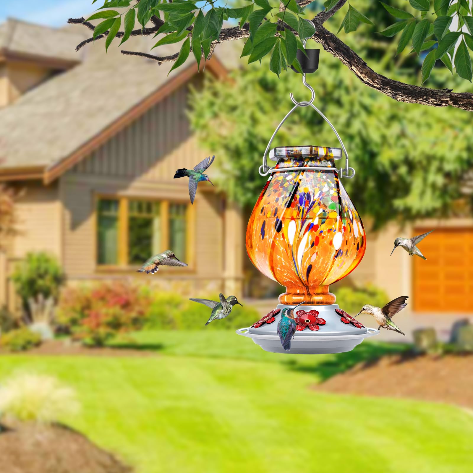 BOLITE five-port hummingbird feeder with circular perch welcomes multiple hummingbirds.