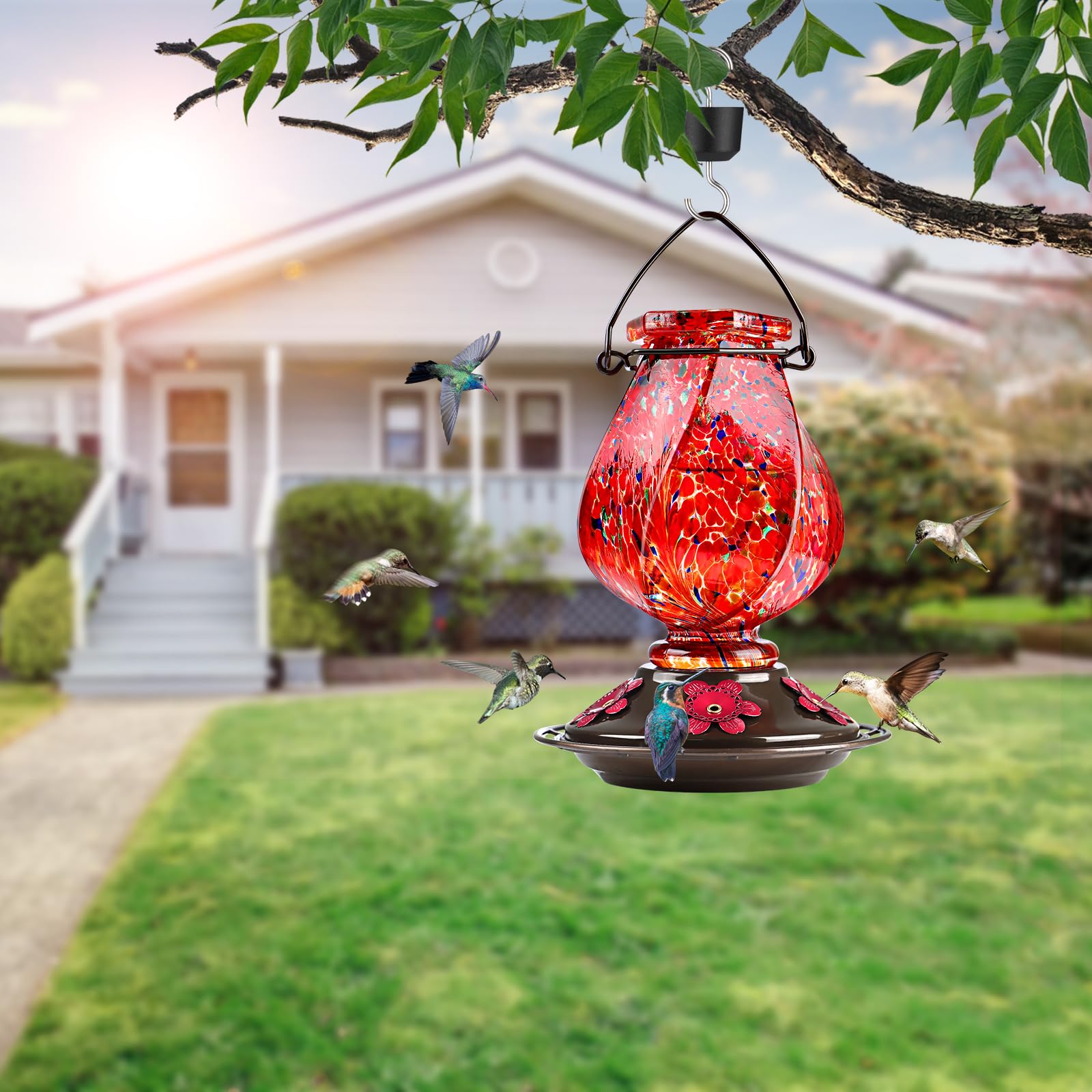 BOLITE feeder shows five ports and a circular perch for multiple birds.