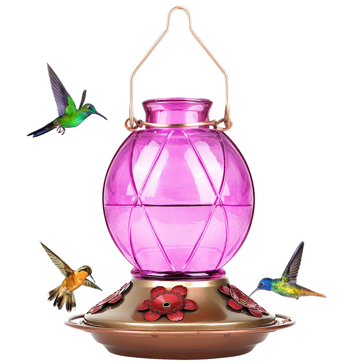 Bolite hummingbird feeder with glass ball and netted texture adds elegant garden decor.