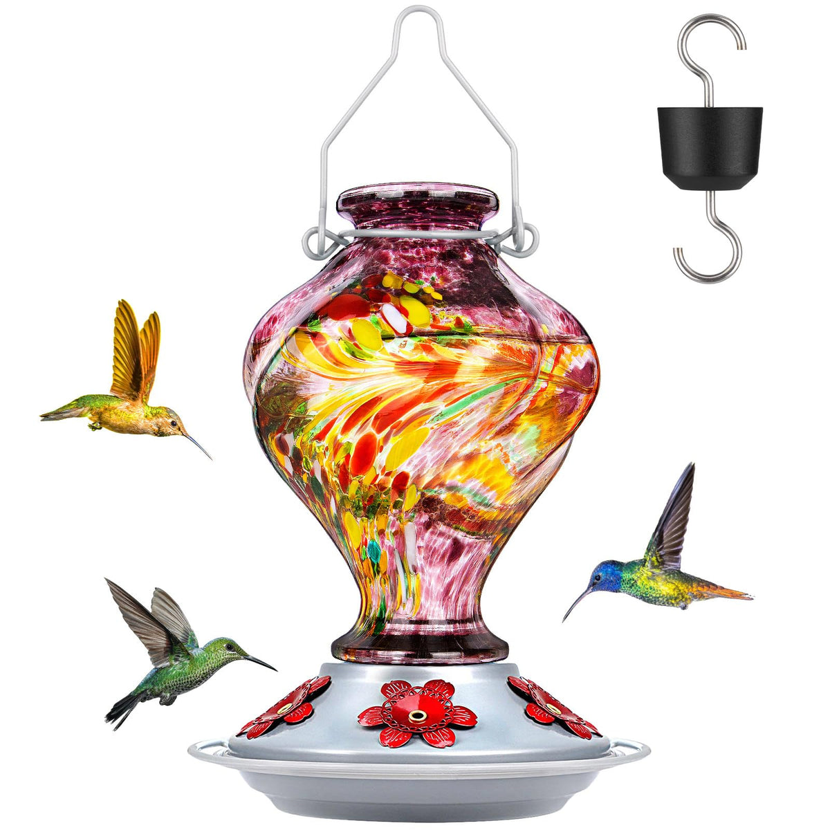 BOLITE hummingbird feeder with hand-blown glass twist adds vibrant color to your garden.