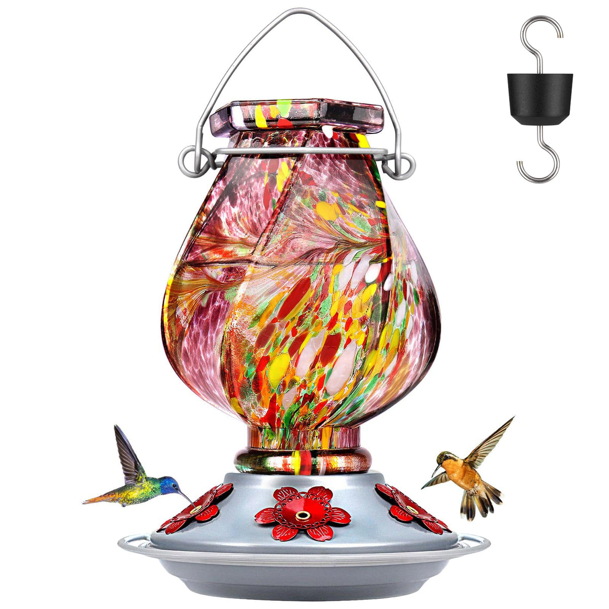 BOLITE hand-blown purple glass hummingbird feeder attracts birds outdoors