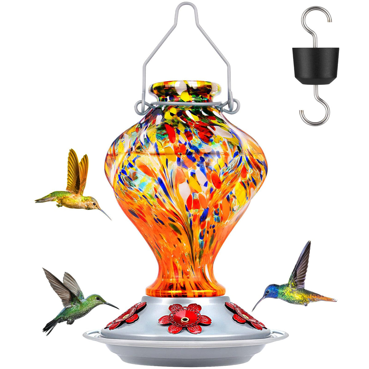 BOLITE hand-blown glass hummingbird feeder with twisted design attracts hummingbirds