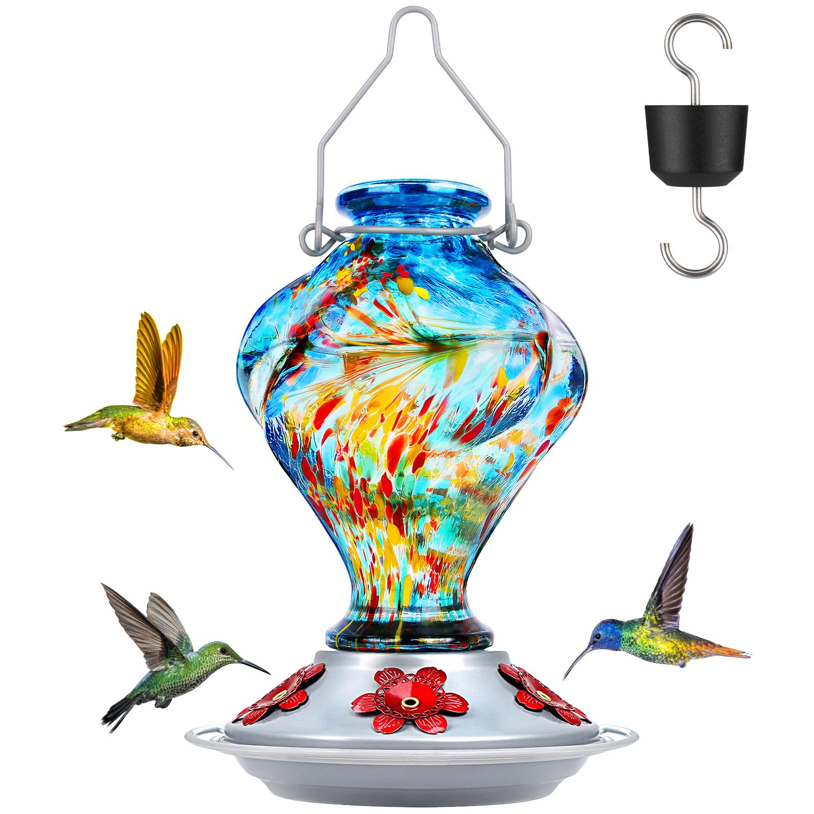BOLITE hand-blown blue glass hummingbird feeder with twisted design attracts garden birds