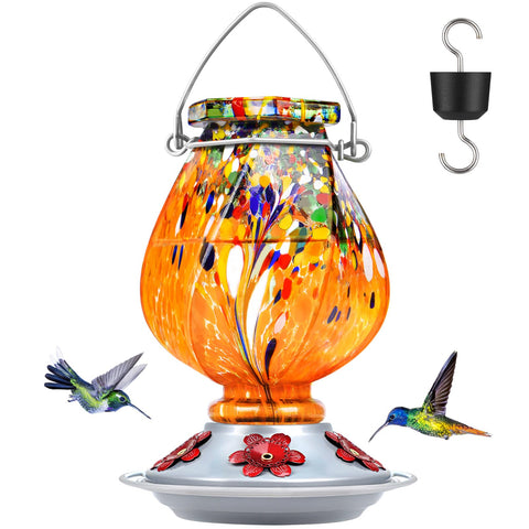 BOLITE hummingbird feeder in orange hand-blown glass attracts birds to your garden.