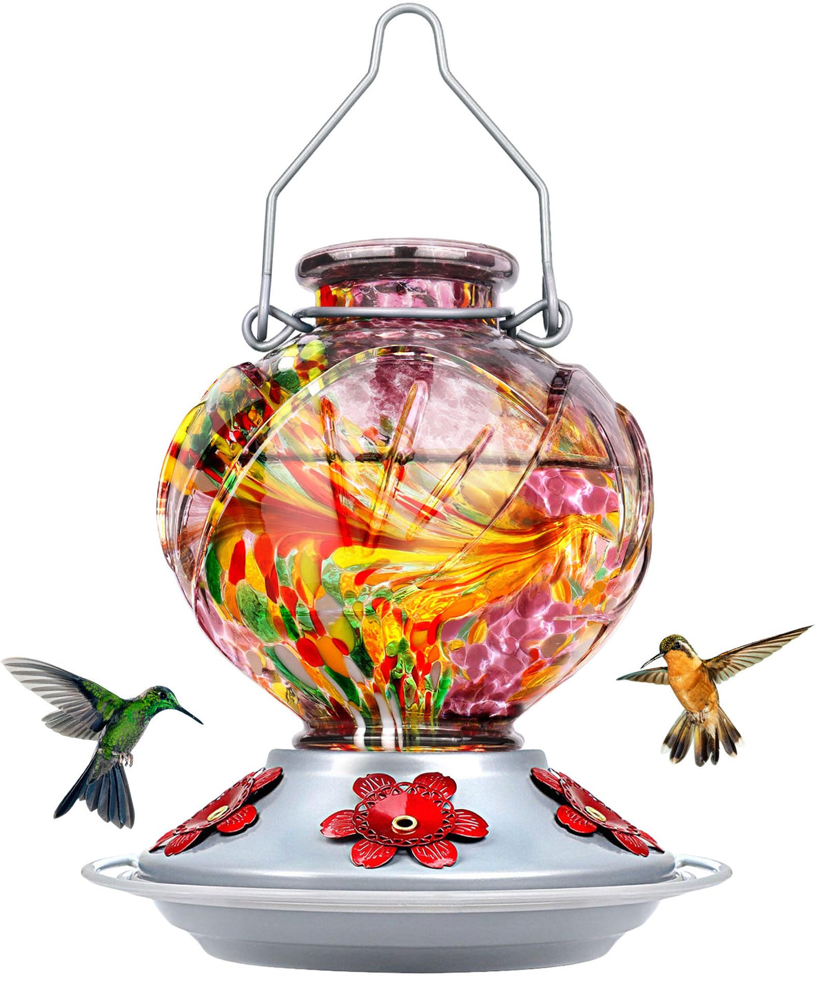 Brand: BOLITE hummingbird feeder with purple peony design attracts hummingbirds.