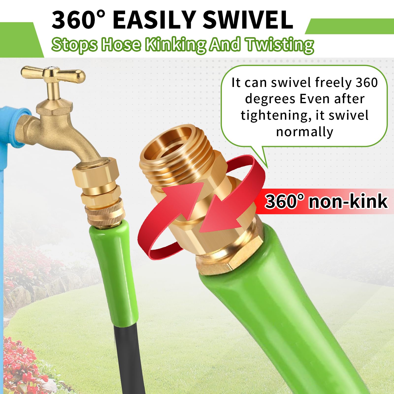 Boltigen 3-4 inch GHT female to male swivel connector demonstrating a secure leak-proof fit