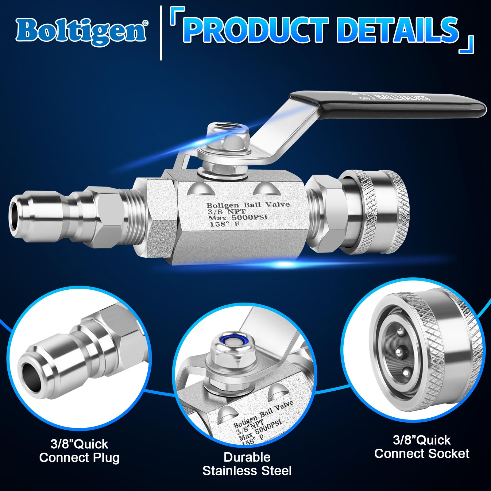 Boltigen 3-8in quick coupler plug image highlighting easy hose connection.