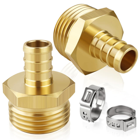 Boltigen brass hose adapter showing PEX barb to 3/4 inch GHT male connection.