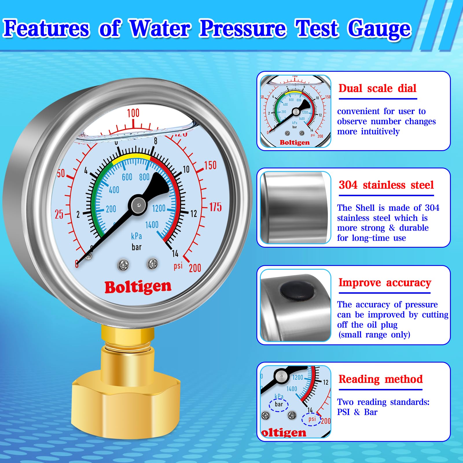 Boltigen gauge used in garden irrigation for reliable pressure checks