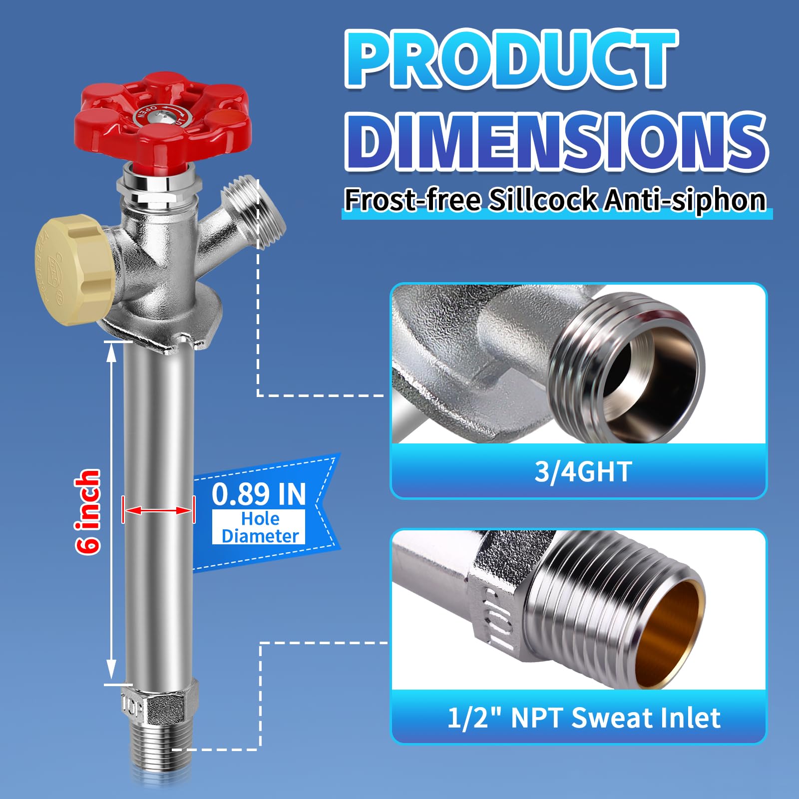 Boltigen 3/4 GHT hose bibb design for easy hose attachment.