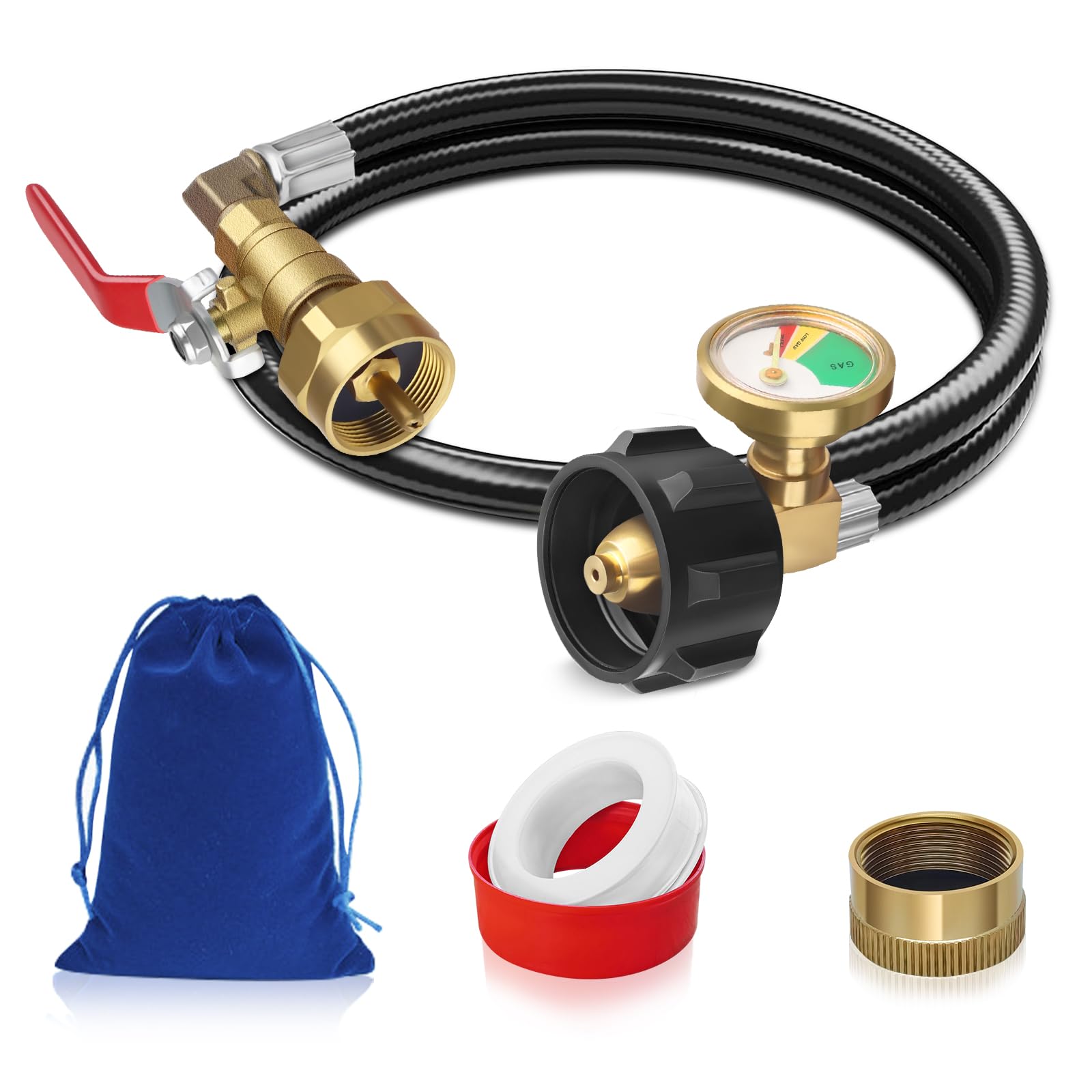 Boltigen propane refill adapter with gauge displays level for safe topping