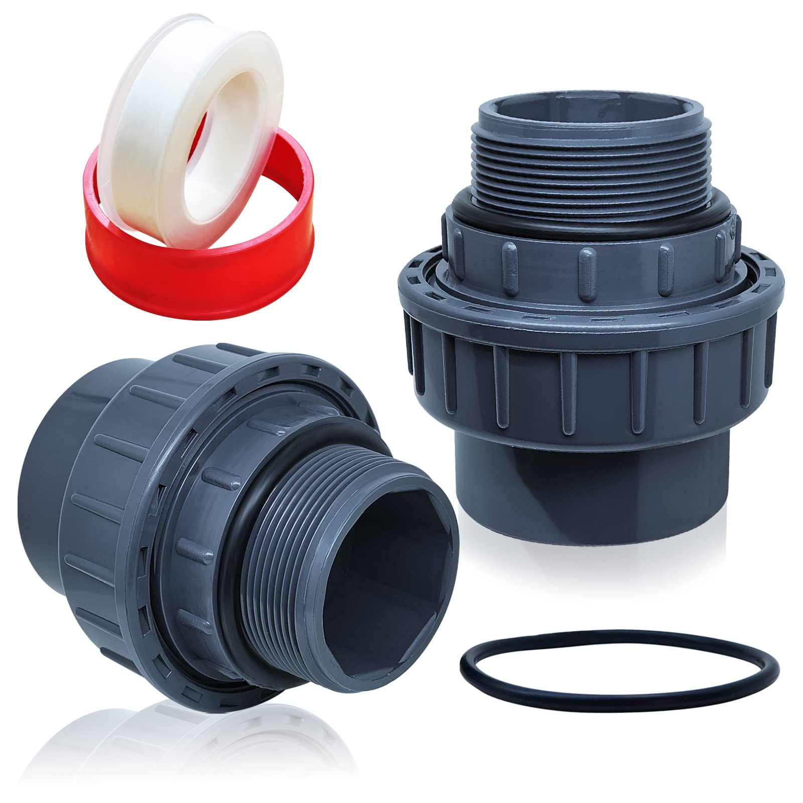 Boltigen 1-1/2 inch NPT male fitting close-up showing a tight seal for pool pump connections.