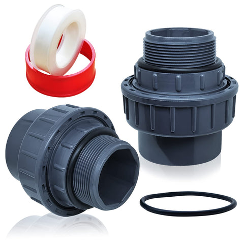 Boltigen 1-1/2 inch NPT male fitting close-up showing a tight seal for pool pump connections.