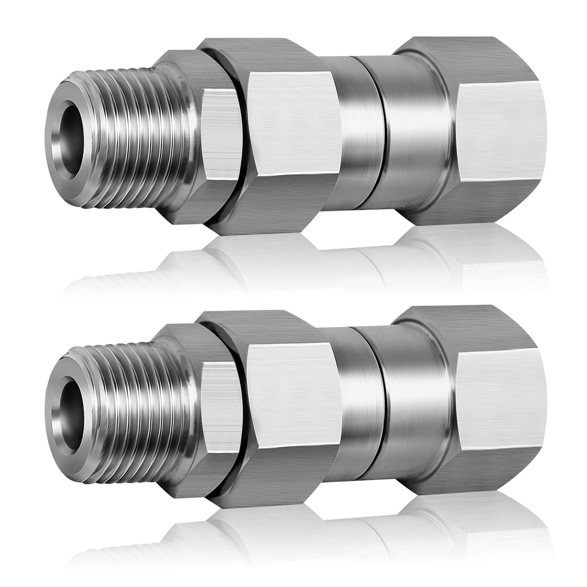 Boltigen stainless steel swivel fitting close-up highlights kink-free rotation.