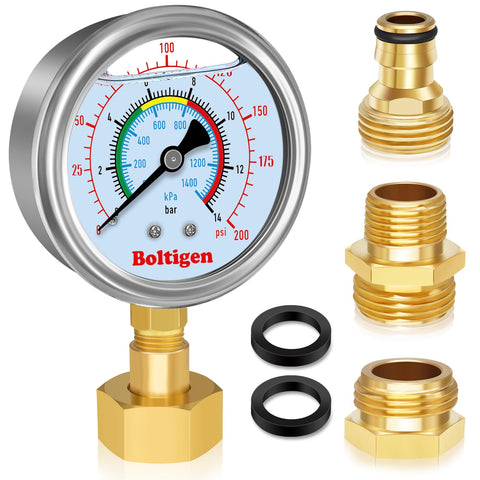 Boltigen water pressure gauge oil filled dial close up shows clear 0-200 psi readings