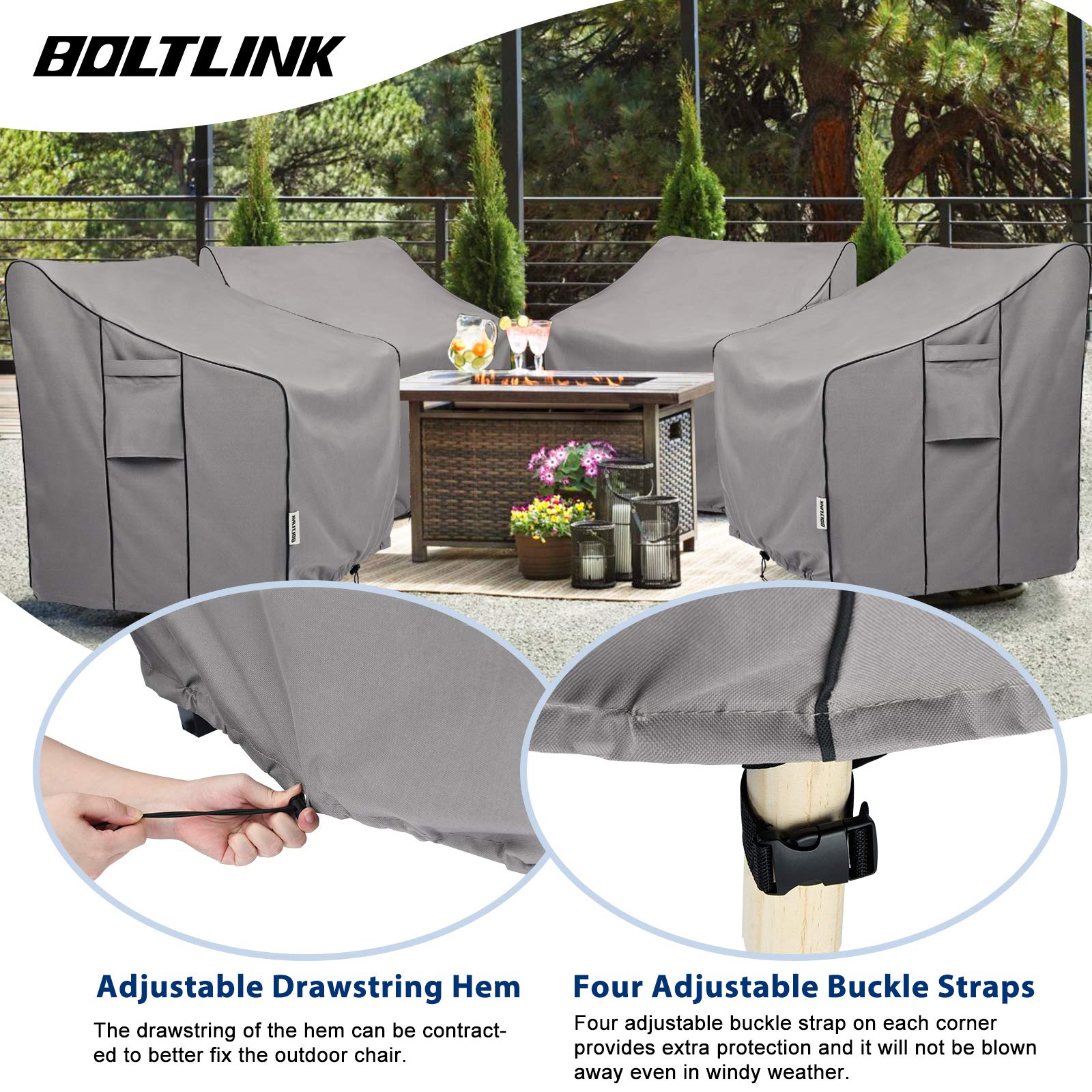 Adjustable hems and windproof straps on Boltlink chair cover secure fit
