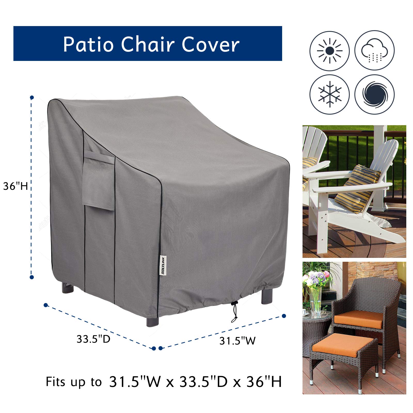 Boltlink chair cover fits up to 31.5W x 33.5D x 36H inches.