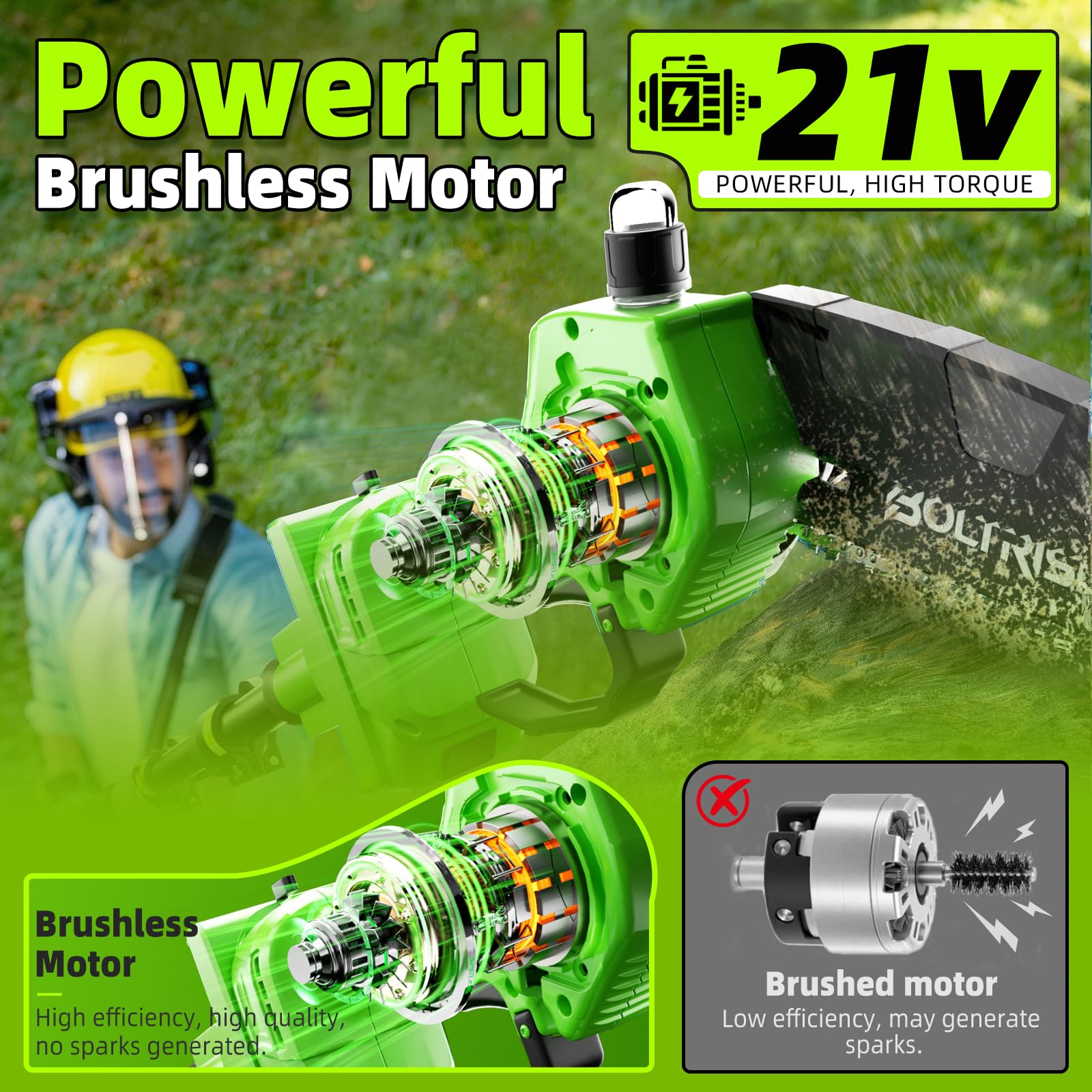 Boltrise brushless motor delivers smooth cutting and cooler operation.