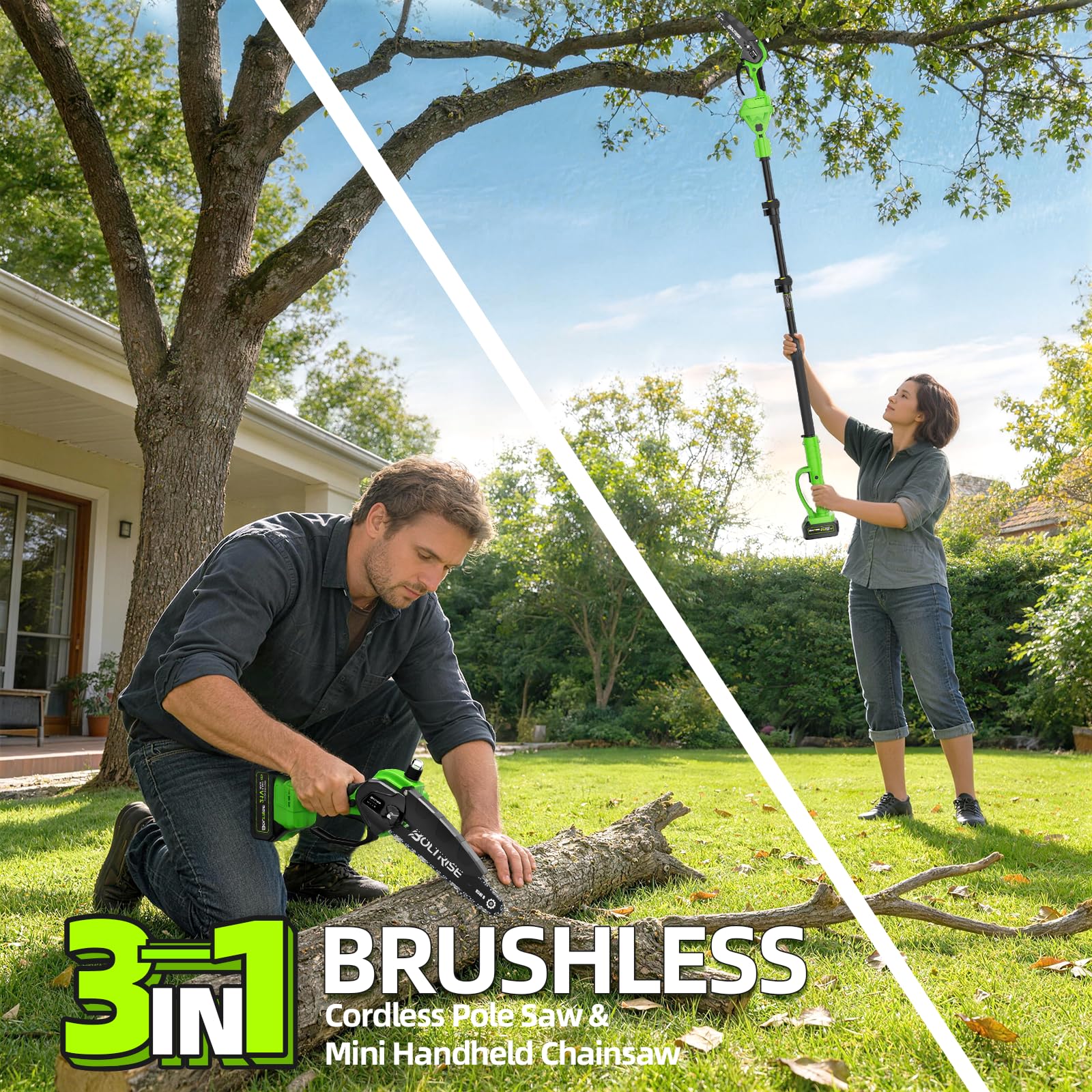 Boltrise pole saw with extended reach ready for tall-tree pruning from the ground.