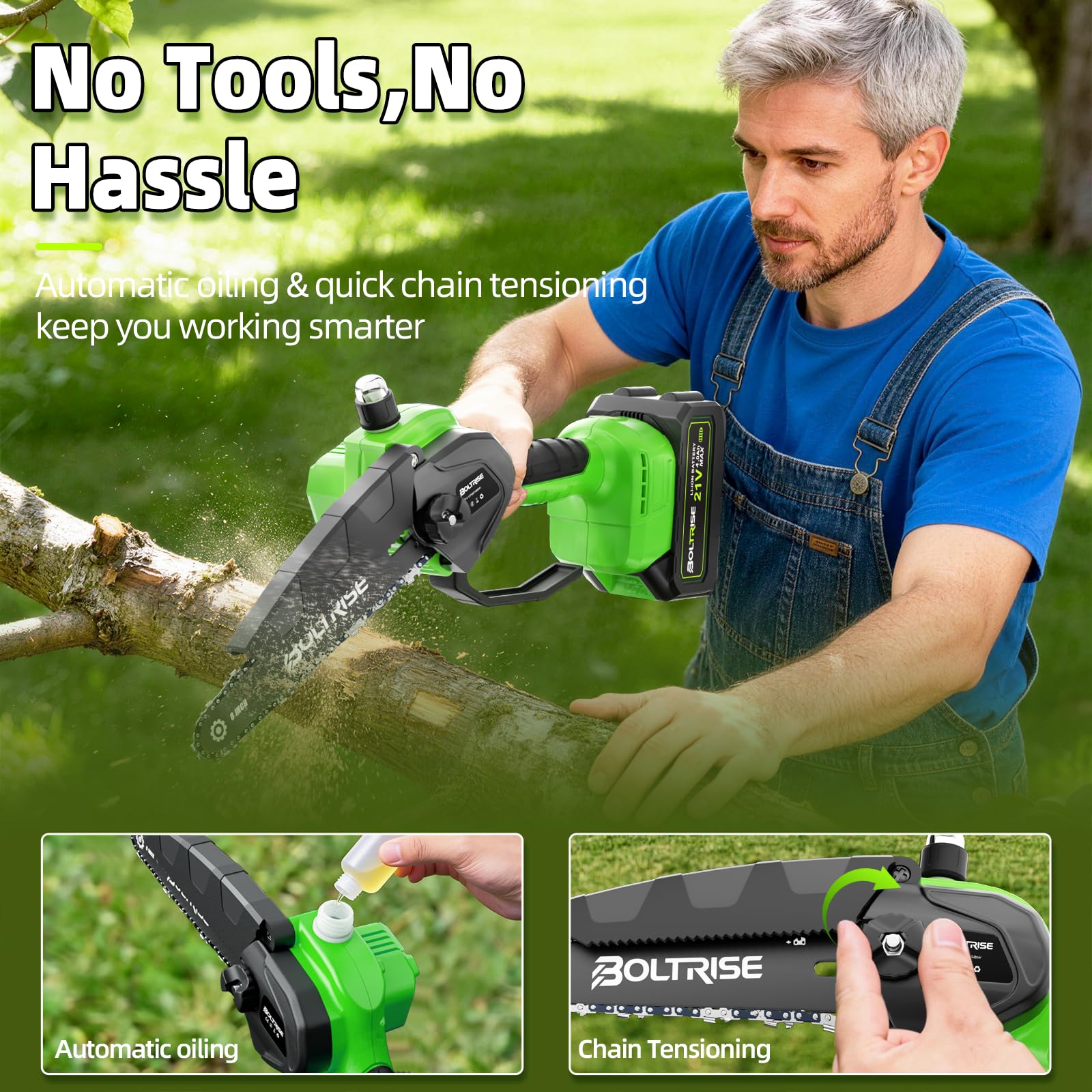 Boltrise adjustable shoulder strap helps reduce fatigue during long pruning sessions.