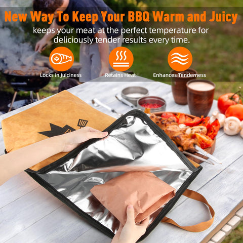 Triple-layer insulation preserves juices during meat rest
