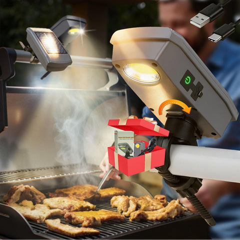 Bolycen solar USB-C grill light illuminating Blackstone for precise night cooking.