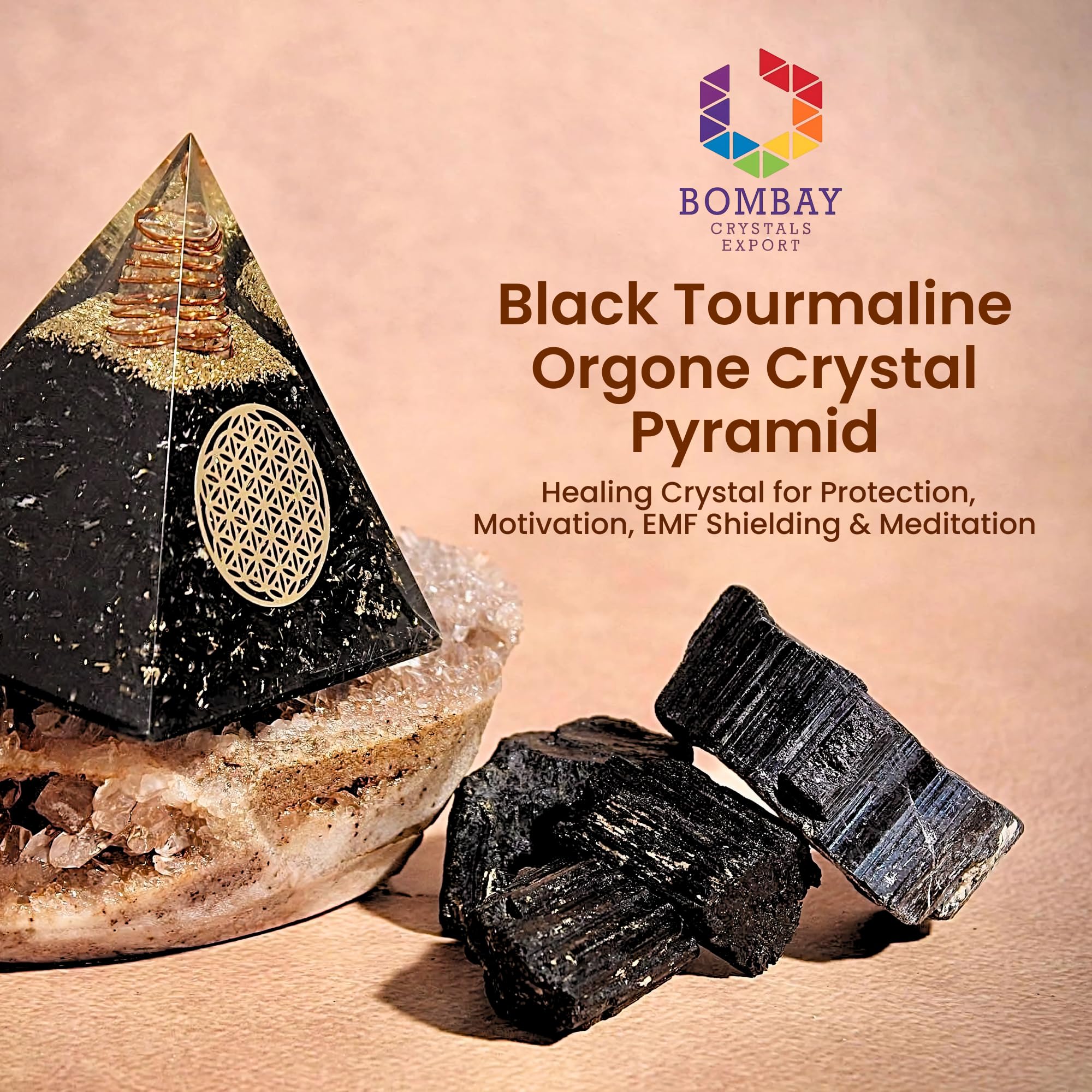 Bombay Crystals Export Orgone Black Tourmaline Pyramid close-up reveals natural chips and copper coil for grounding energy.