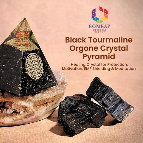 Bombay Crystals Export Orgone Black Tourmaline Pyramid close-up reveals natural chips and copper coil for grounding energy.